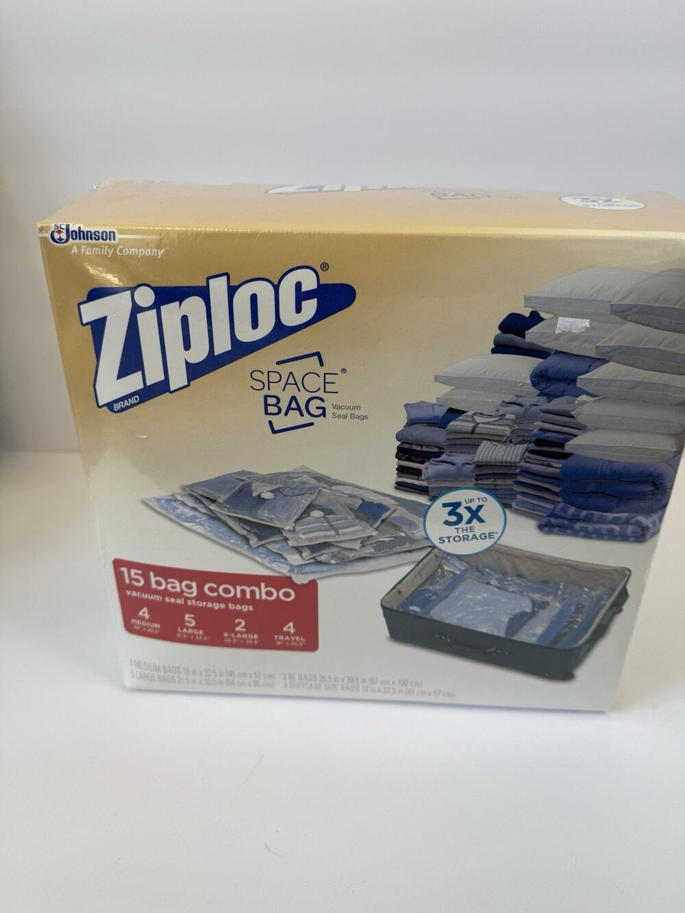Ziploc Space Bag 15 Bag Space Saver Set (2 XL, 5 L, 4 M, 4 Travel) - NEW